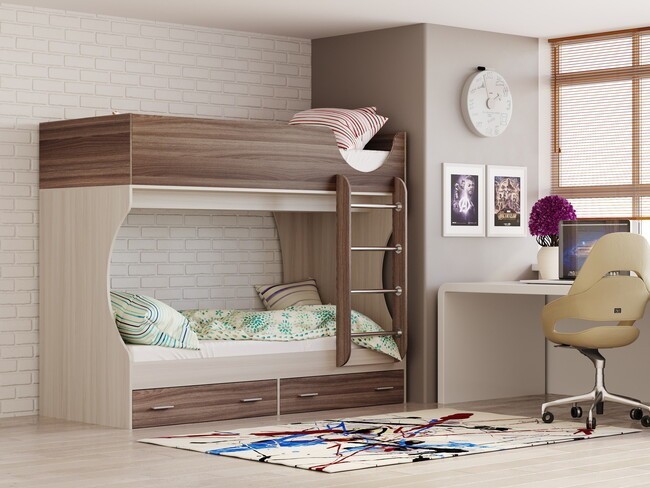 Кровать Олмеко ДВУХЪЯРУСНАЯ Д 2 (ЯСЕНЬ ШИМО СВЕТЛЫЙ/ТЕМНЫЙ) 80х190- фото